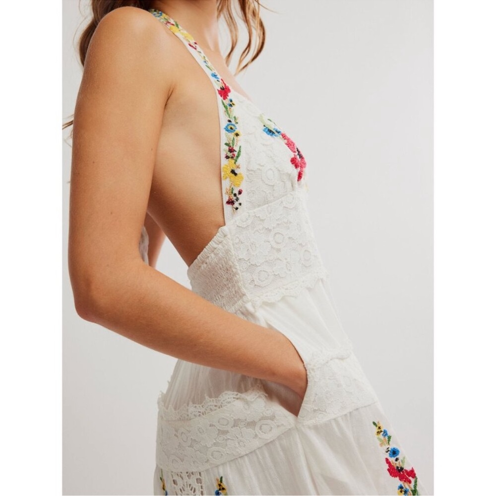 Free People White Embroidered Midi Dress with Red & Blue Floral Accents - Picture 7 of 10